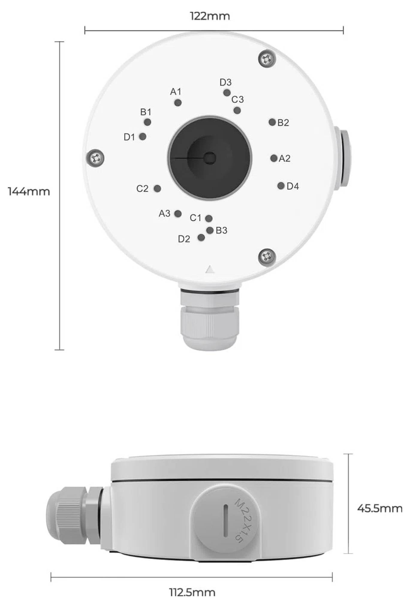 Schéma d'un boîtier de jonction circulaire avec les dimensions : 122 mm x 144 mm (vue de dessus), 112,5 mm x 45,5 mm (vue de côté), et étiquettes de ports A1 à A3, B1 à B3, C1 à C3, D1 à D3.