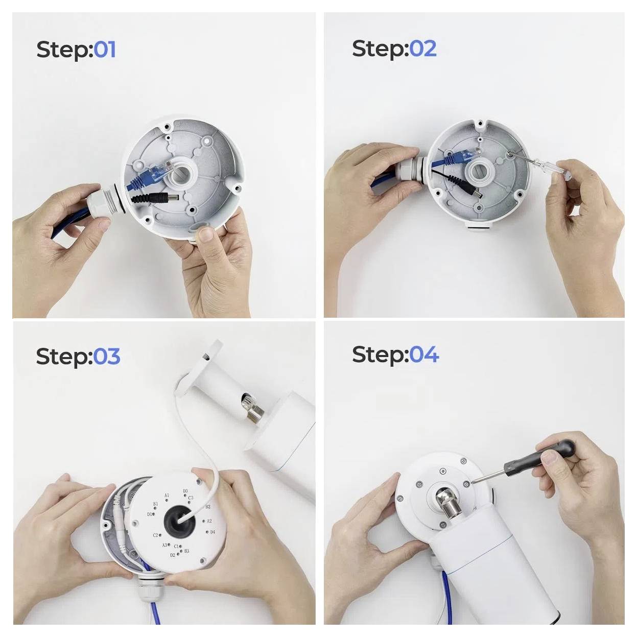 Processus en quatre étapes pour assembler un appareil : 1) Connecter les fils, 2) Fixer le composant bleu, 3) Sécuriser le couvercle supérieur, 4) Serrer avec un tournevis.