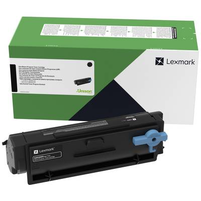Une cartouche de toner Lexmark devant son emballage assorti. Le logo Lexmark est visible sur l'emballage, accompagné d'informations.