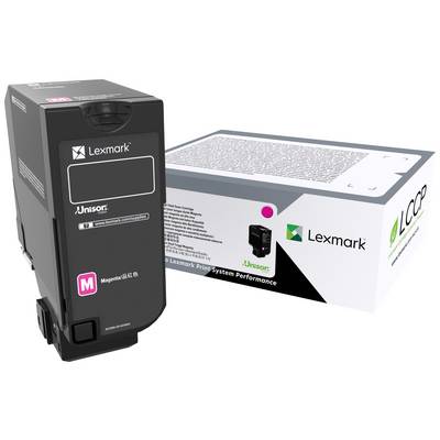 'Cartouche d'encre et emballage de Lexmark, cartouche noire avec étiquette magenta, à côté d'une boîte blanche avec le logo Lexmark.'