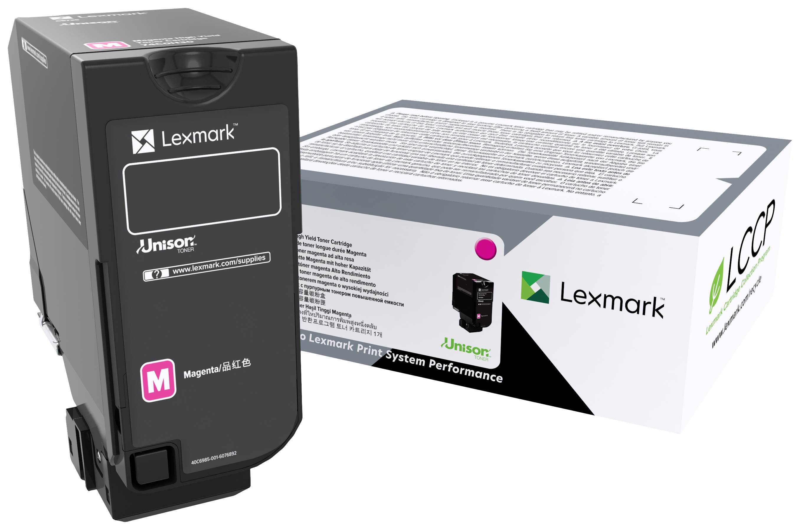 Cartouche de toner et emballage de Lexmark. La cartouche est noire avec un étiquetage 'M' pour Magenta. L'emballage affiche le logo Lexmark et la description du produit.