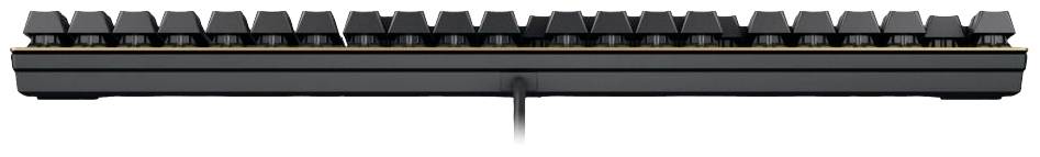 Un clavier d'ordinateur noir vu de côté. Les touches s'élèvent en rangée uniforme au-dessus du boîtier.