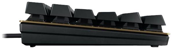 Une vue latérale d'un clavier mécanique avec des touches surélevées et une connexion filaire.