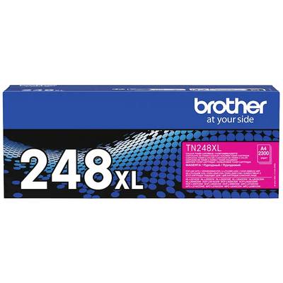 L'illustration montre une cartouche de toner Brother, modèle TN248XL, pour imprimante. Couleur magenta, adaptée pour des impressions A4 jusqu'à 2300 pages.