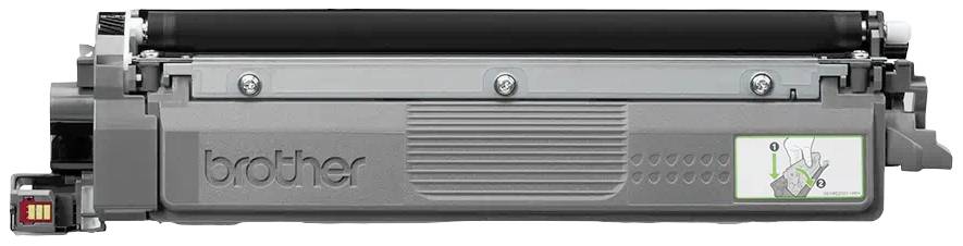 Une cartouche de toner grise Brother pour imprimante laser, avec un schéma d'installation placé sur la droite de la cartouche.