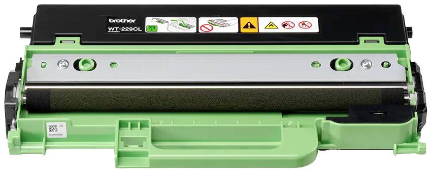 Récupérateur de toner Brother WT-220CL, vert et noir, avec des symboles de précaution.