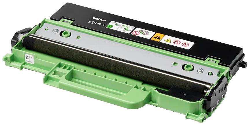 Une cartouche de toner Brother, modèle 321Y, en noir et vert, avec des avertissements et des pictogrammes sur le dessus.