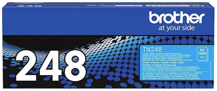 'Cartouche de toner TN248 Cyan pour 1000 pages. Compatible avec les imprimantes Brother. Boîte d'emballage au design bleu avec logo de marque.'