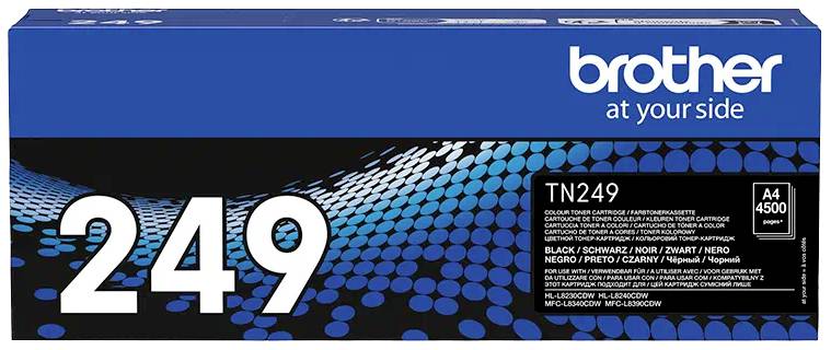 Une cartouche de toner noire de Brother, modèle 'TN249', avec une capacité d'environ 4 500 pages. L'emballage présente des motifs graphiques bleus et noirs.