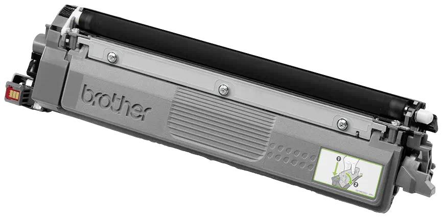 Un toner gris pour imprimante Brother avec une étiquette indiquant comment l'installer.