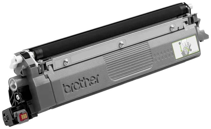 Cartouche de toner pour imprimante Brother. Grise avec un rouleau noir, connexion visible. Contient un symbole indicatif pour l'installation.