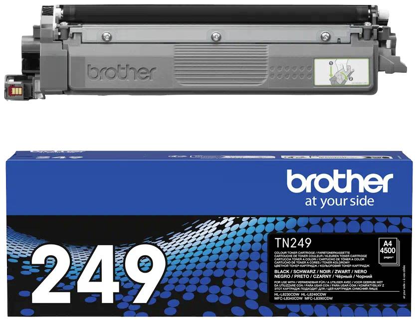 Cartouche de toner 'Brother TN249' en noir à côté de son emballage, compatible avec les imprimantes Brother, capacité d'impression jusqu'à 4500 pages.