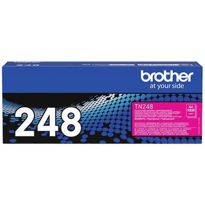 Un emballage bleu pour le toner Brother TN248 en magenta, capacité : 1000 pages, présentant des cercles colorés et le logo « À vos côtés ».