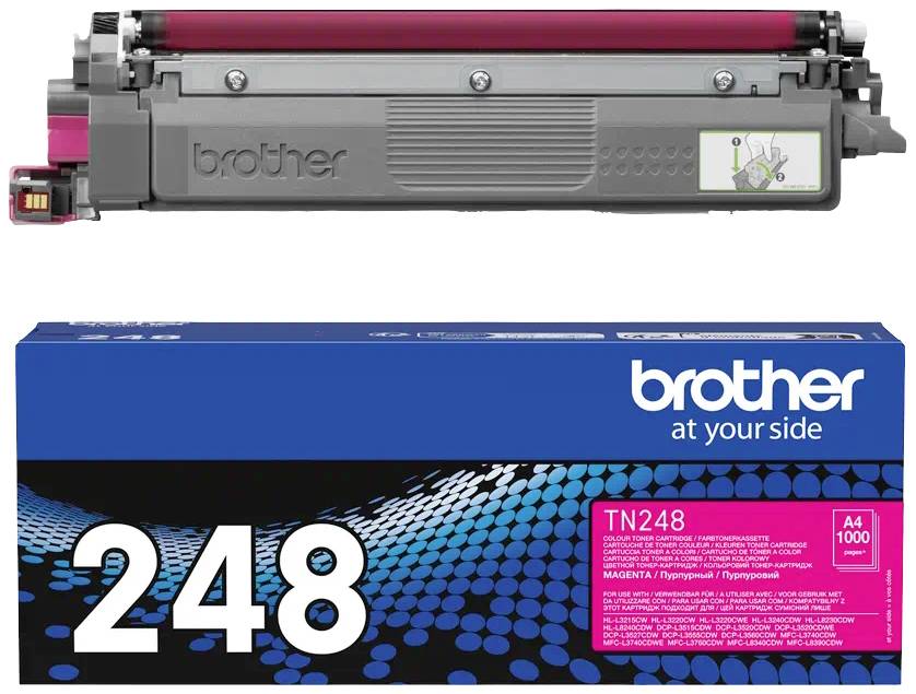 'Cartouche de toner Brother TN248 en Magenta, adaptée aux impressions A4, jusqu'à 1000 pages. L'emballage affiche le logo Brother et les détails du produit.'