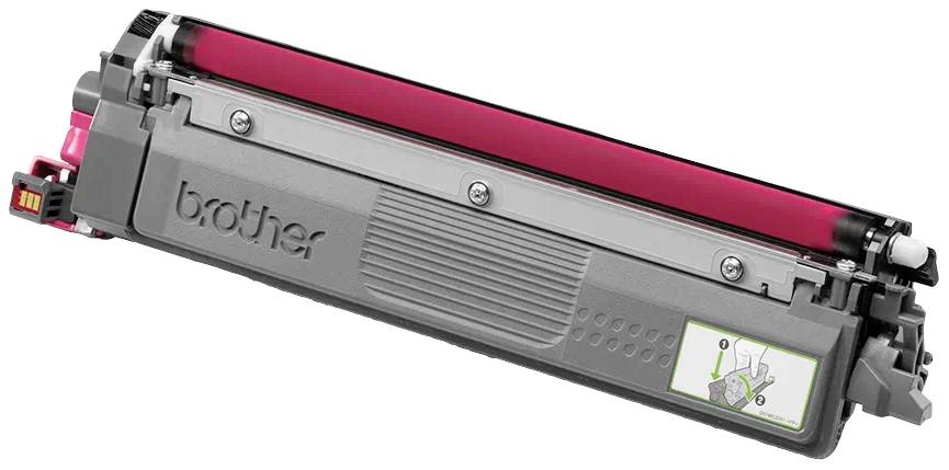 Une cartouche de toner rouge Brother. Une notice d'installation est représentée en haut.