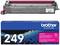 Cartouche d'encre Brother TN249 en Magenta, adaptée aux imprimantes Brother. Emballage et cartouche illustrés. Capacité allant jusqu'à 4000 pages.