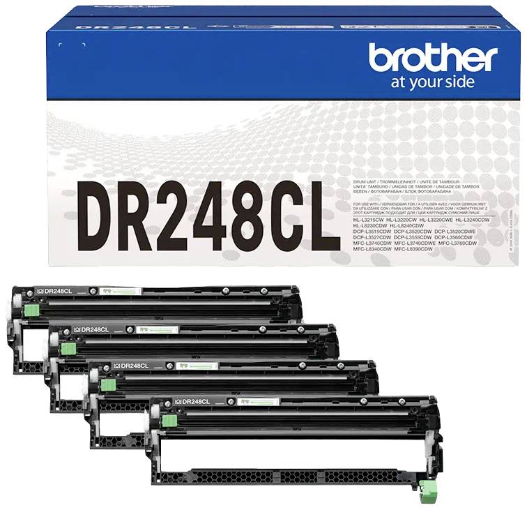 Emballage et quatre unités de tambour pour imprimante Brother DR248CL. Les tambours sont disposés en rangée horizontale devant l'emballage.