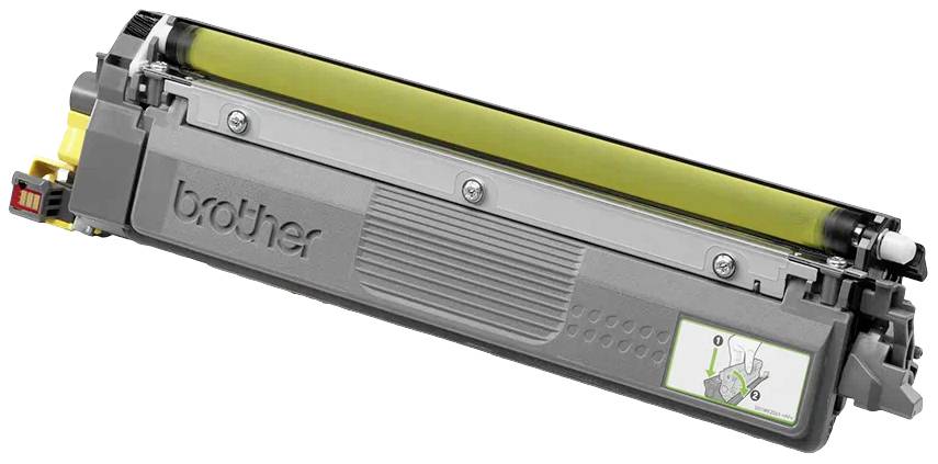Une cartouche de toner Brother de couleur grise avec du toner jaune visible.