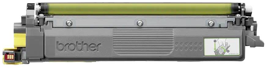 Cartouche de toner d'imprimante, grise avec une extrémité jaune, de la marque portant l'inscription 'brother'. Le diagramme montre le mode d'installation correct.