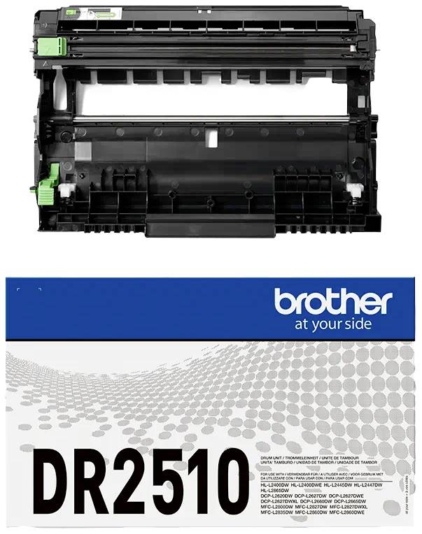 Unité de tambour Brother DR-2510, cartouche noire à côté de l'emballage avec logo de marque, compatible avec différents modèles d'imprimantes.