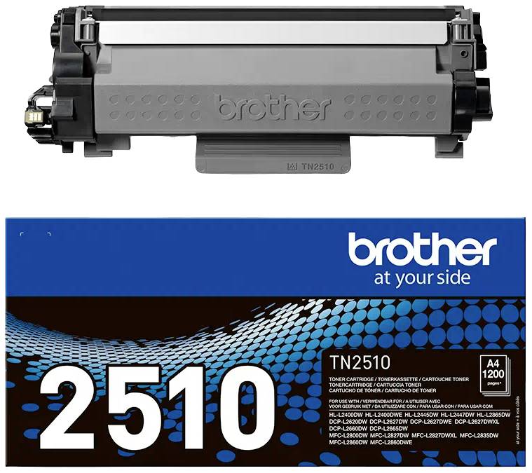 Cartouche de toner Brother TN2510 en noir sur un fond gris. L'emballage indique le nom du produit '2510' et la couleur, convenant pour du papier A4.