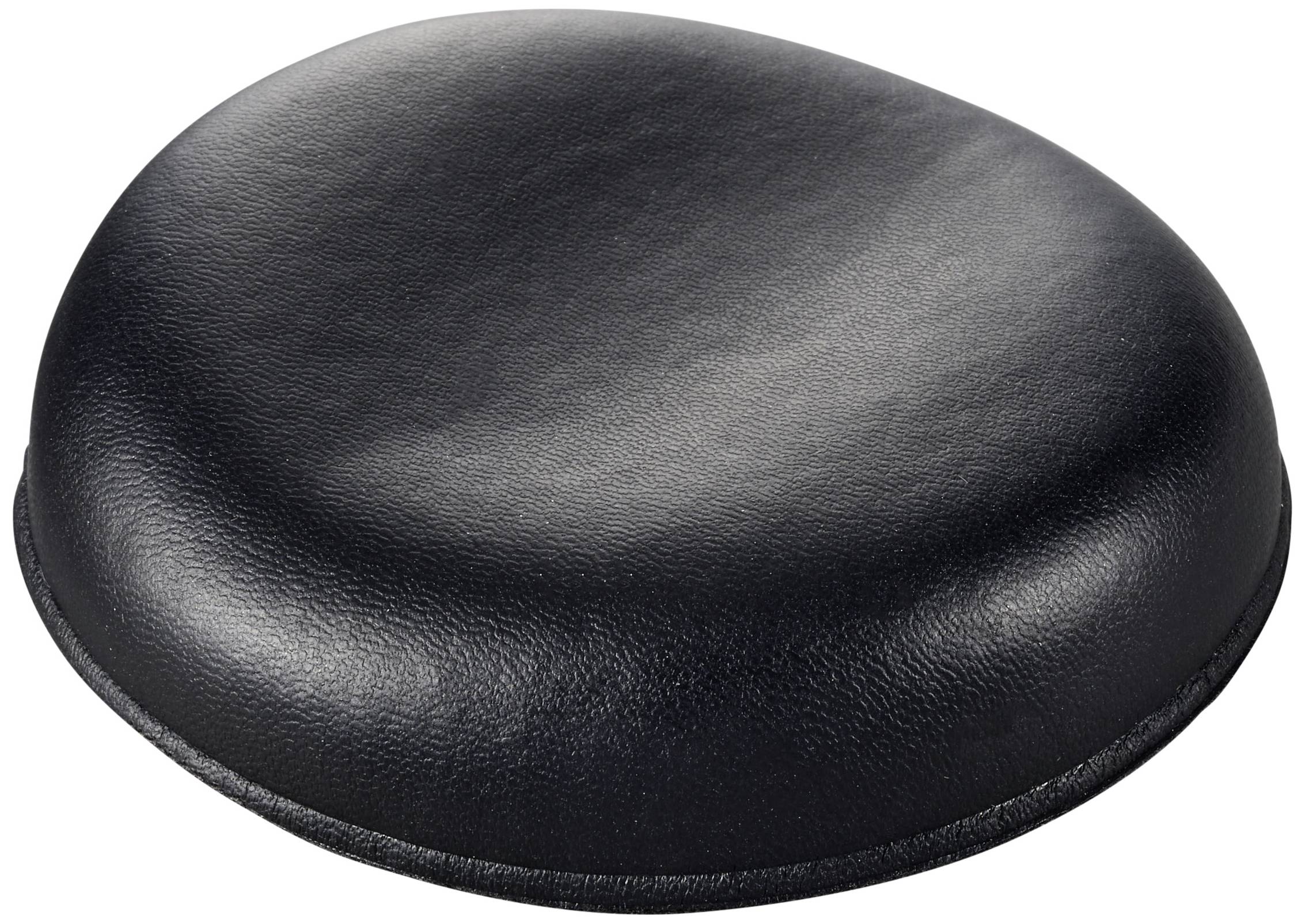 Un coussin d'assise noir, rond, réalisé dans un matériau lisse.