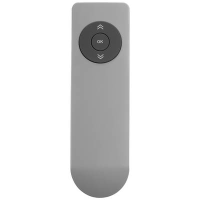 Une télécommande grise avec des touches directionnelles et un bouton central 'OK'.