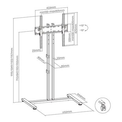 Illustration d'un support de télévision à hauteur réglable. Dimensions : largeur 433 mm, hauteur 995-1415 mm. Inclinaison possible de ±10 degrés.