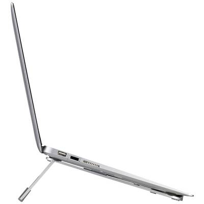 Un ordinateur portable en profil avec un design élégant, écran ouvert et support déplié sur la gauche, présentant des options de connexion sur le côté.