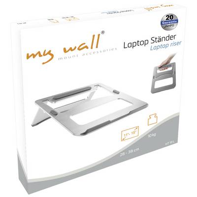 Emballage du 'My Wall Laptop Ständer' montrant l'illustration d'un support de portable réglable. Texte : Compatible avec des ordinateurs portables de 11" à 15", charge maximale de 10 kg, garantie de 20 ans.