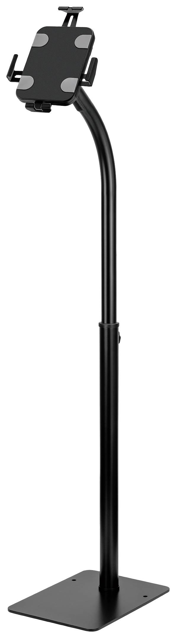 Support de tablette noir en métal, réglable, avec base rectangulaire et support pivotant, adapté aux présentations ou à une utilisation mains libres.