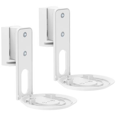 Deux supports muraux blancs avec base circulaire pour une fixation sécurisée d'enceintes ou d'appareils similaires au mur.