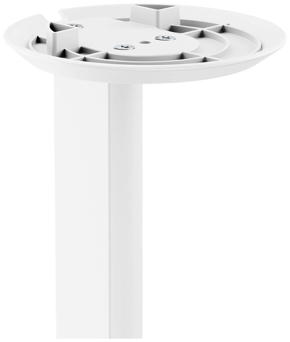 Un socle circulaire blanc en plastique, monté sur un support rectangulaire en métal, probablement destiné à un meuble.