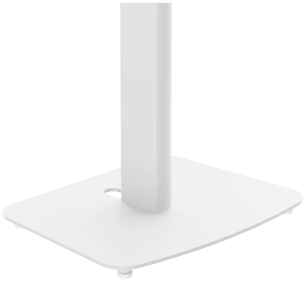 Surface blanche avec base carrée et coins arrondis, supportant une structure verticale élancée.