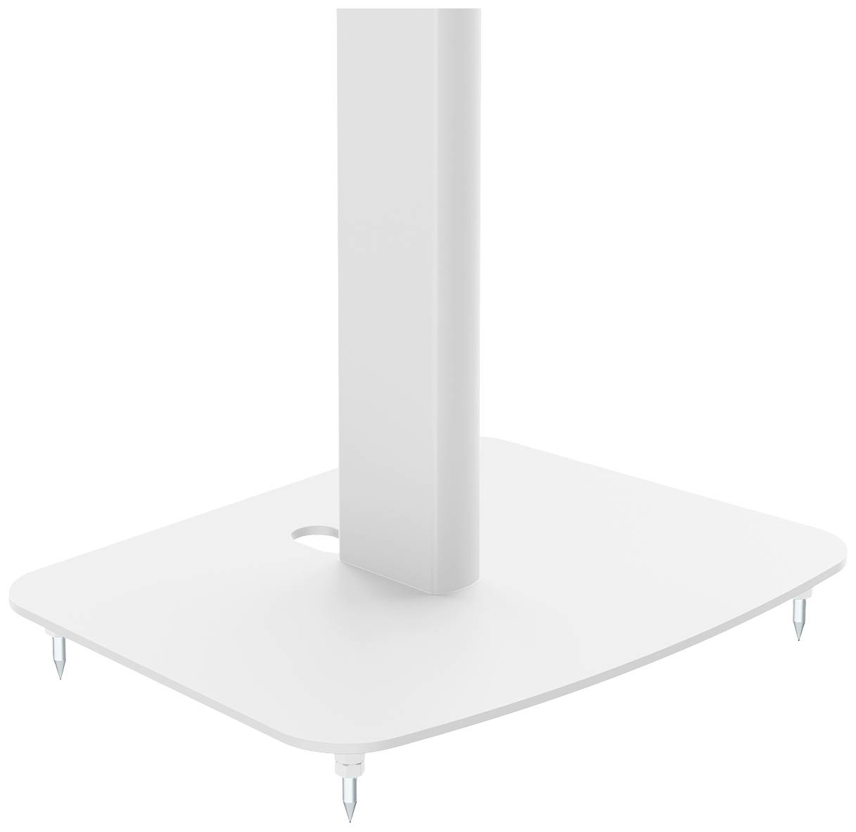 Socle carré blanc d'un lampadaire avec un pilier central et quatre pieds réglables pour assurer une stabilité sur un sol inégal.