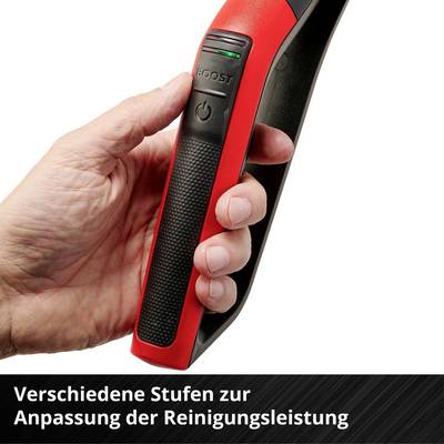 Une main tient un appareil rouge ergonomique avec une poignée noire et un bouton 'Boost' vert. Texte en dessous : 'Différents niveaux pour ajuster la performance de nettoyage'.