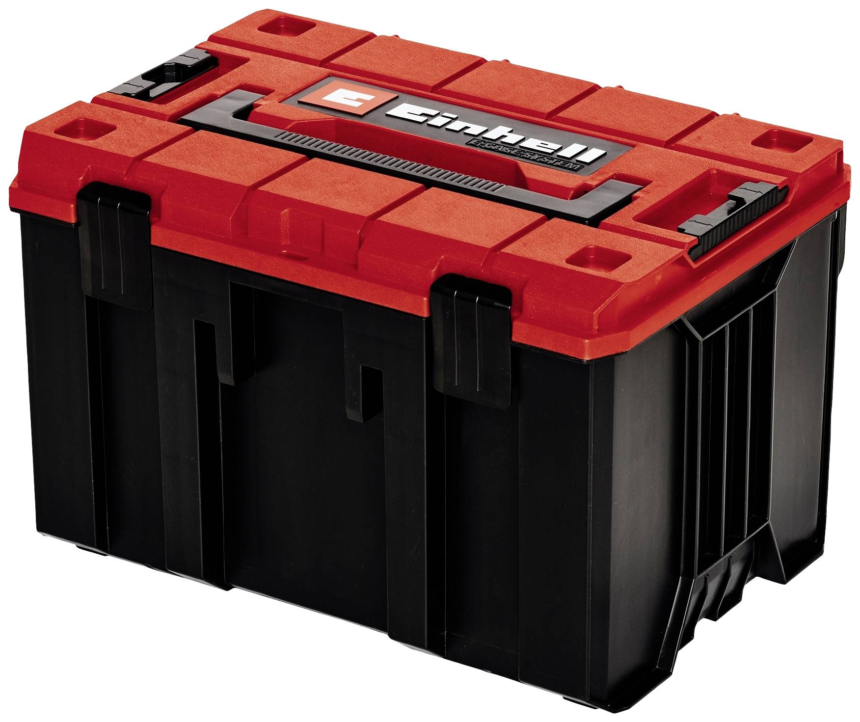 Boîte à outils rouge et noire avec le logo Einhell sur le couvercle. Idéale pour le rangement et le transport des outils.