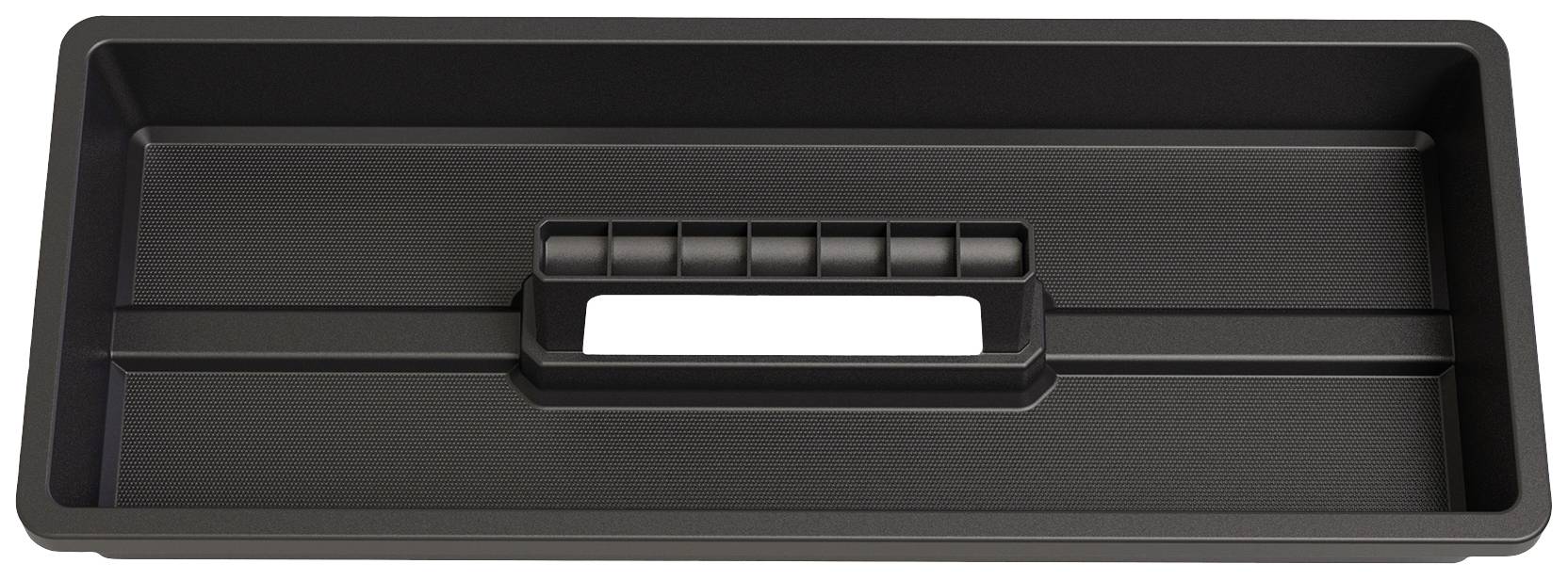 Un plateau rectangulaire plat avec un bord surélevé et une ouverture rectangulaire servant de poignée au centre, adapté au rangement.