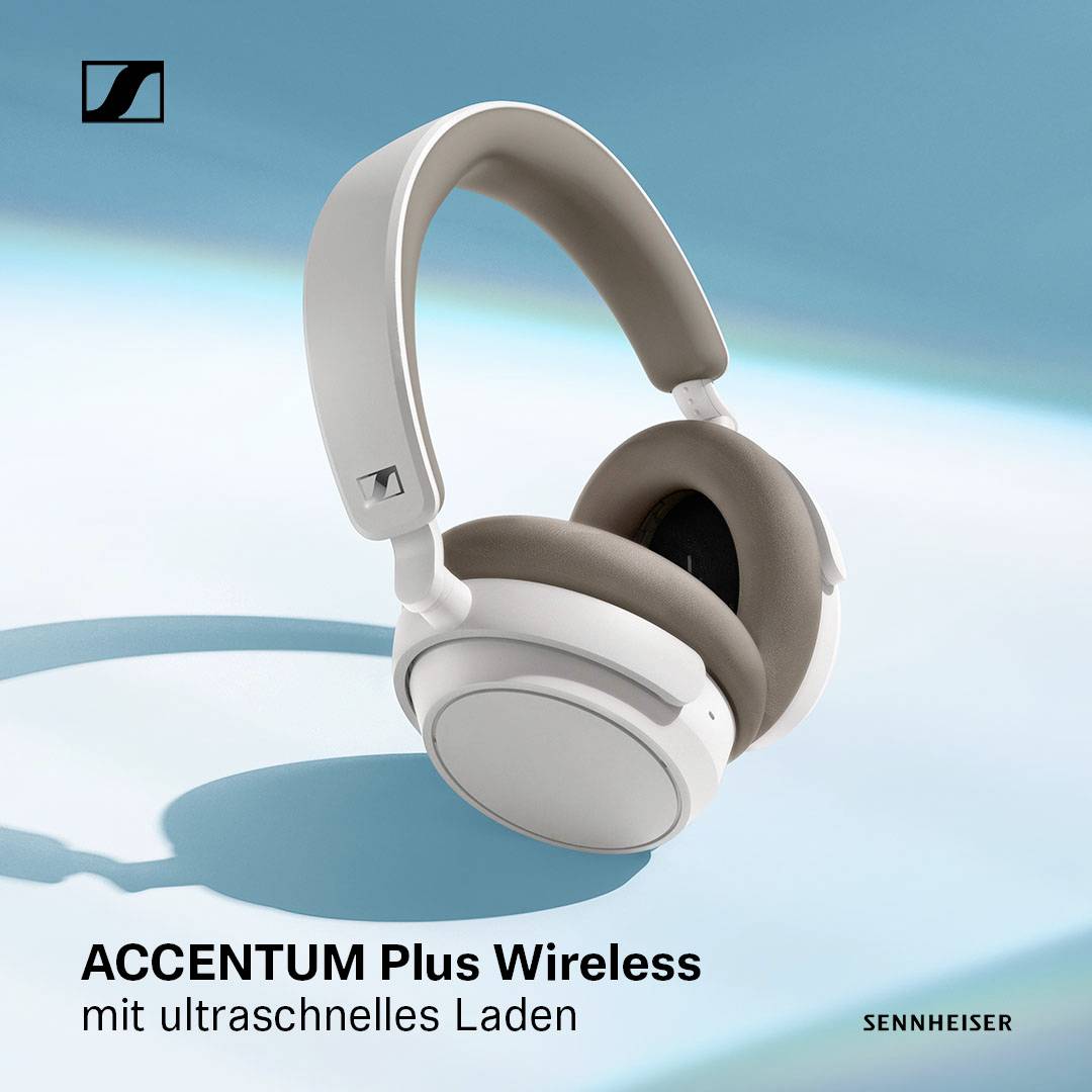 Une paire d'écouteurs sans fil de la marque Sennheiser est représentée, avec le texte 'ACCENTUM Plus Wireless avec charge ultra-rapide'.
