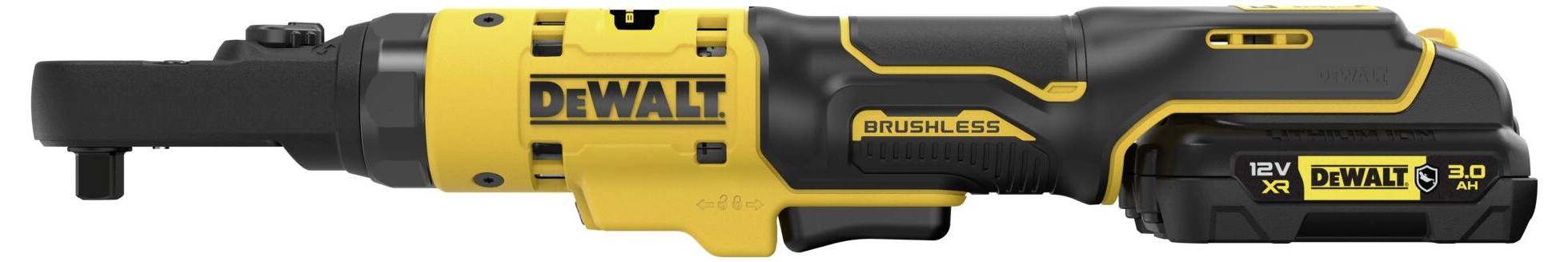 Visseuse à chocs électrique, jaune et noir, marque DEWALT, avec batterie et régulation de vitesse.