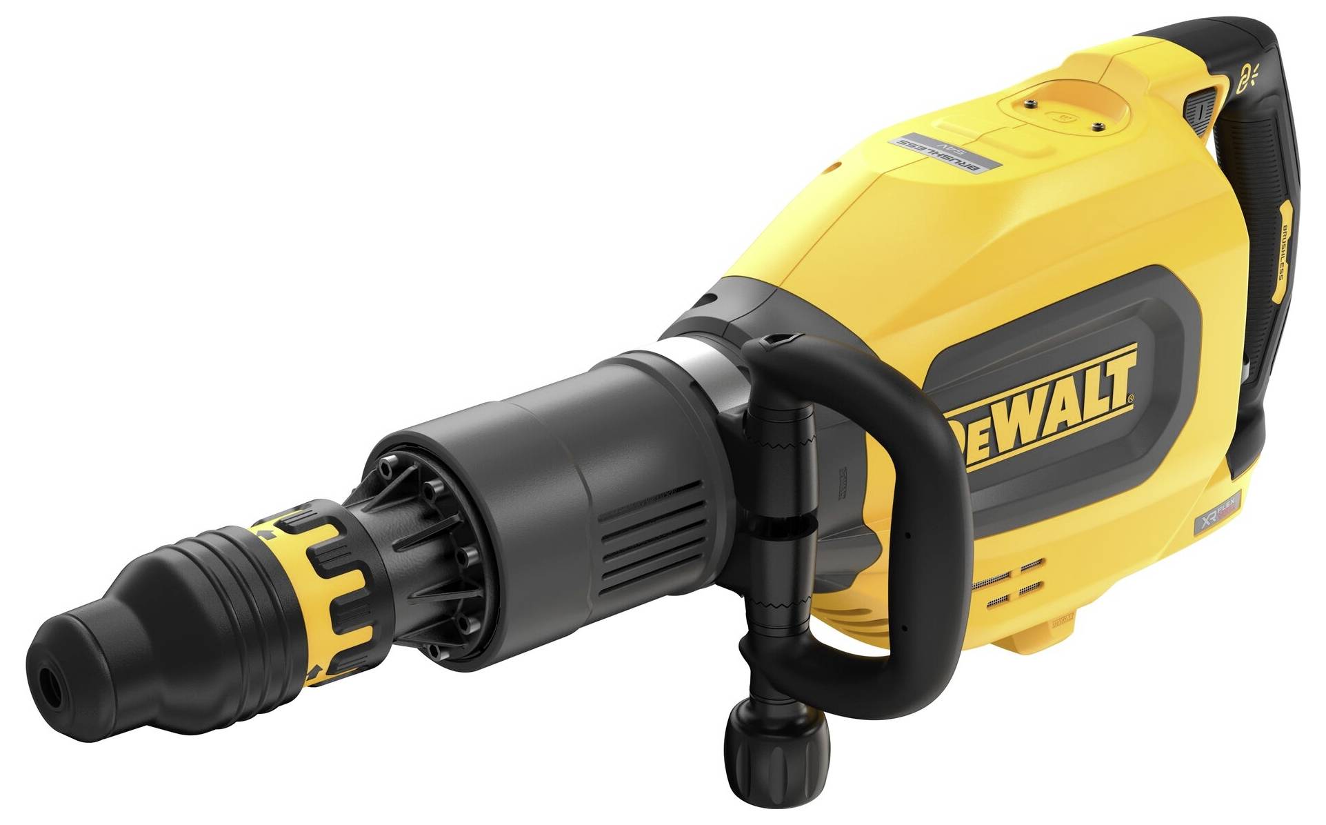 Un marteau-piqueur électrique jaune avec une poignée et une tête de perçage noires, conçu pour des travaux de démolition lourds.