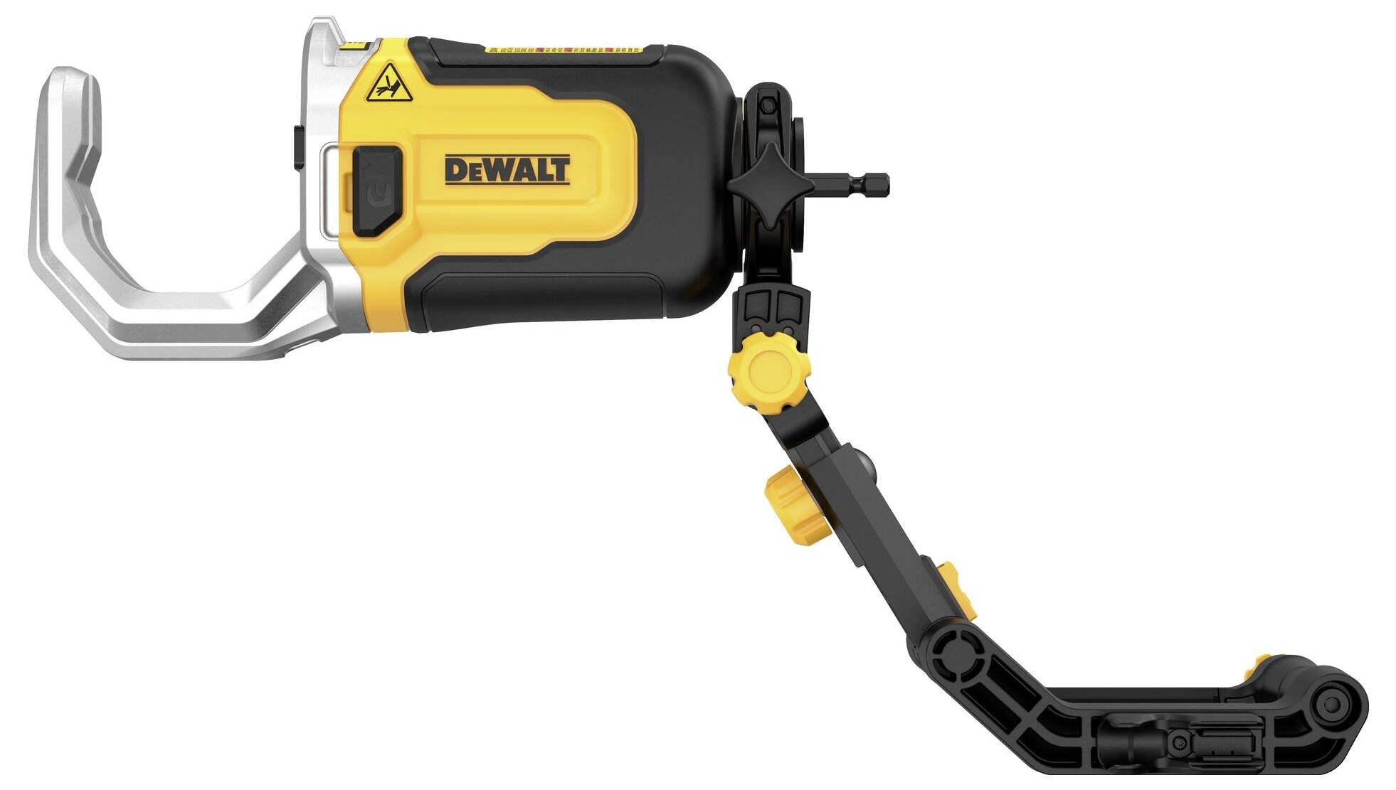 Lampe de travail portable et pivotante, noir et jaune, avec bras réglable. Idéale pour un éclairage flexible dans les ateliers.
