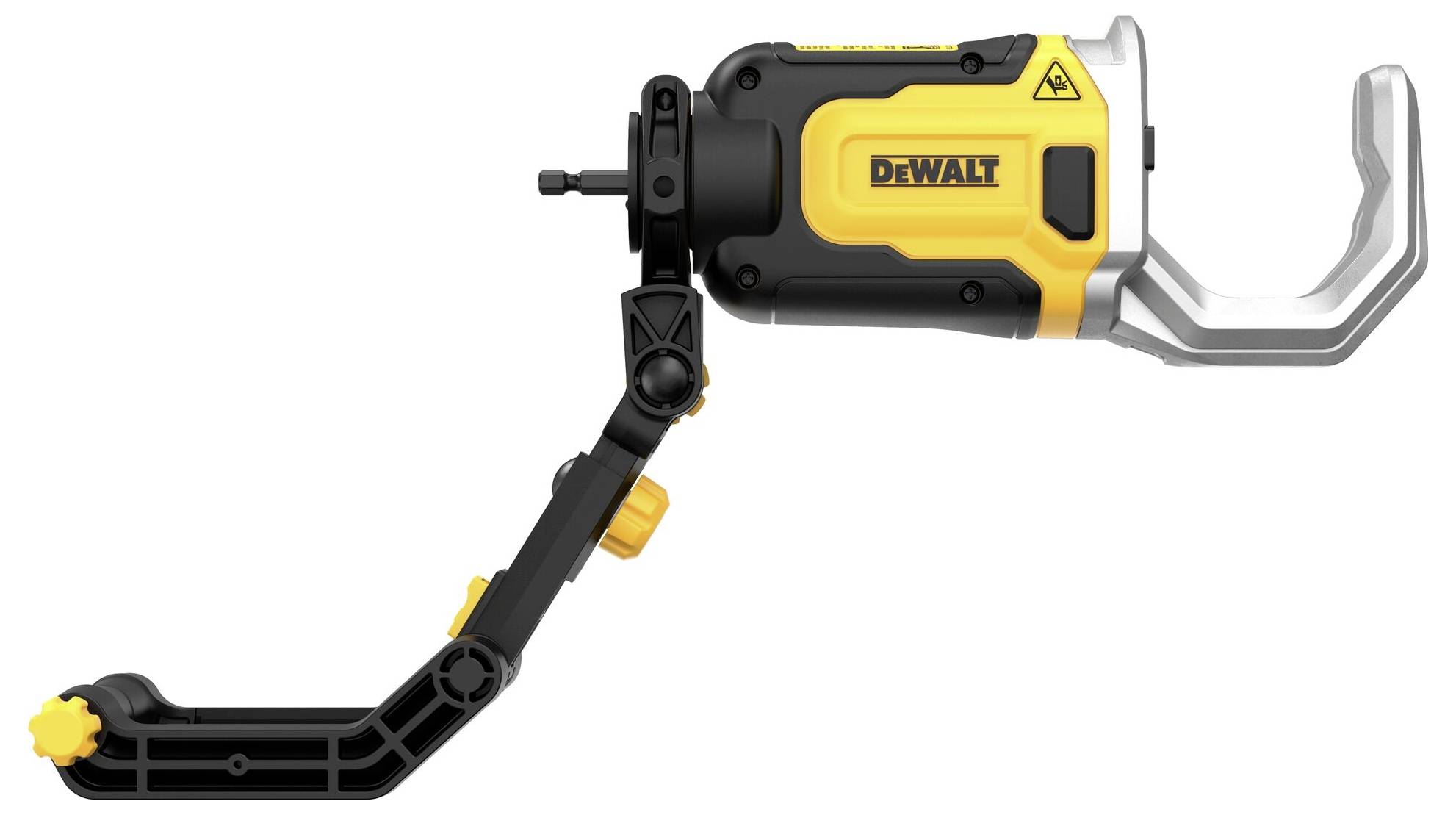 Un outil électrique jaune et noir de la marque DEWALT, vu de côté, doté d'un bras réglable et d'un mécanisme de serrage.