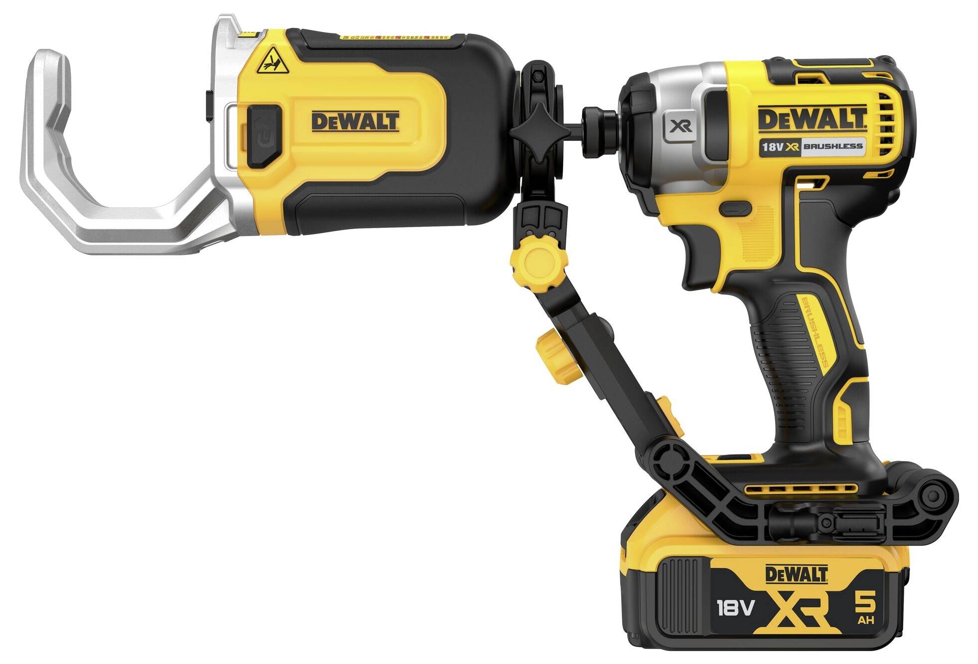 Un outil à batterie DeWalt jaune avec une poignée ergonomique et une batterie de 18V, adapté à divers travaux de construction.