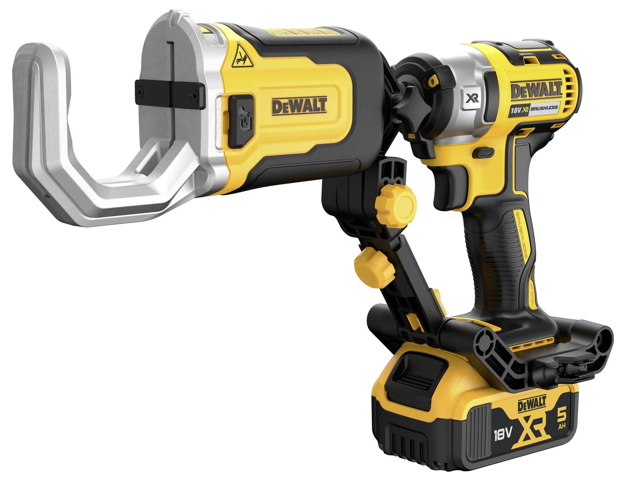 Outil de coupe de câbles à batterie DeWalt en jaune et noir. L'appareil montre des ciseaux et une batterie, adapté aux travaux de câblage.