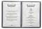 Menu en deux pages. Page de gauche : Description du Restaurant Château de Glienicke. Page de droite : Soupes et Plats principaux, incluant les prix.