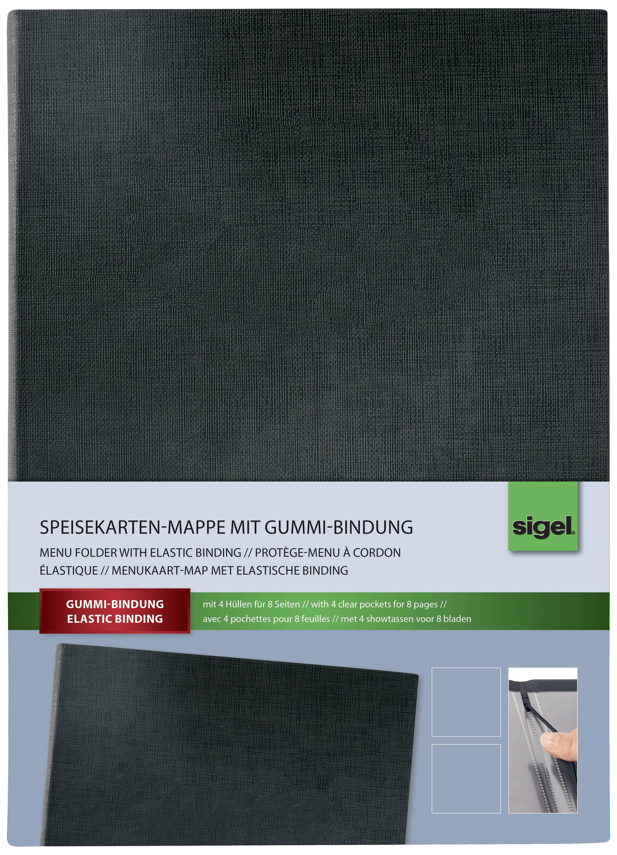 Porte-menus en cuir noir avec reliure élastique. Contient de la place pour jusqu'à 5 feuilles au format A4. Adapté pour les cartes de menu.