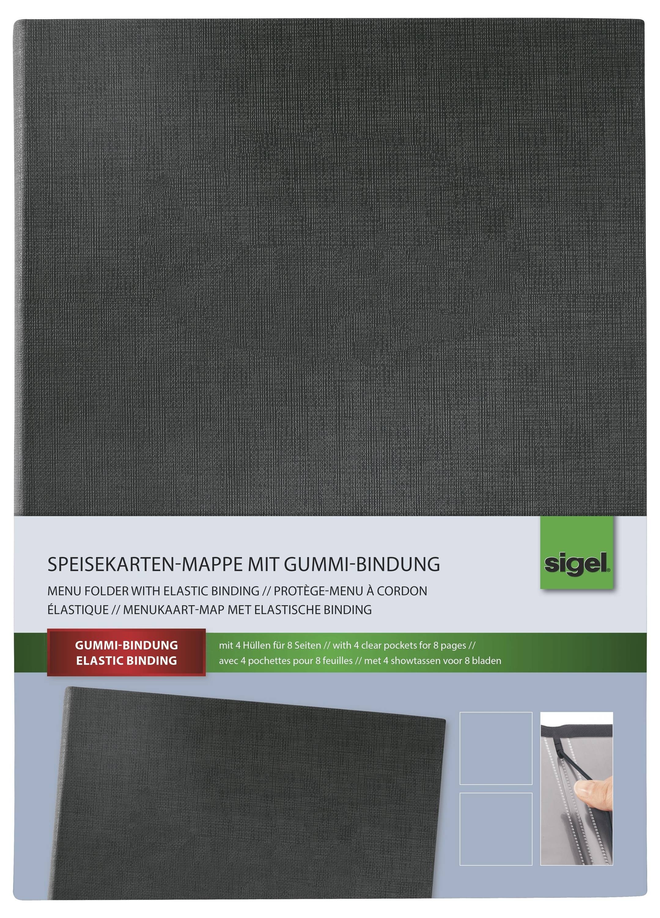 Photo de produit d'un dossier de menu noir avec reliure élastique, étiqueté « SPEISEKARTEN-MAPPE MIT GUMMI-BINDUNG » et marquage de marque « sigel » sur l'emballage.