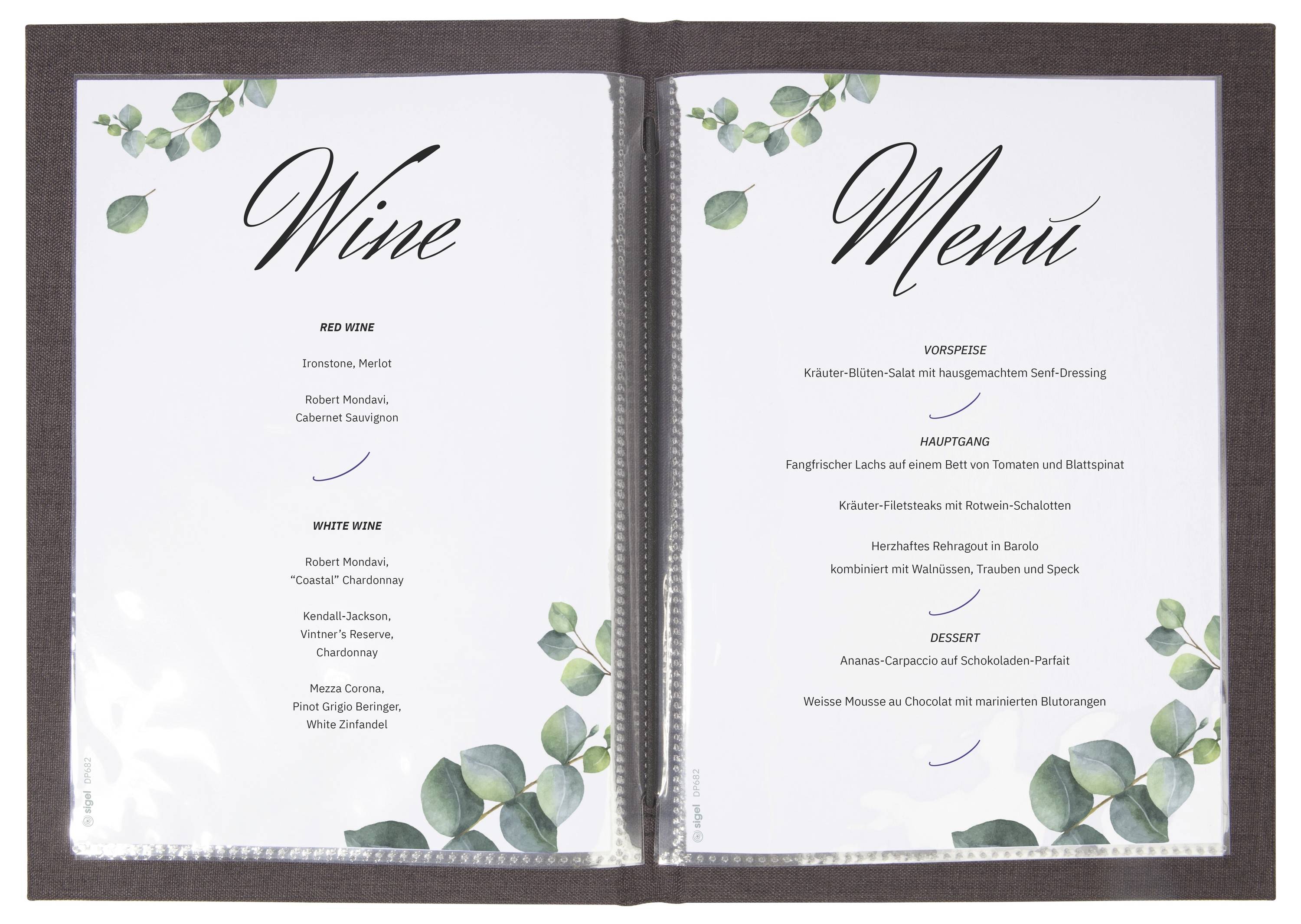 Livret de menu ouvert montrant une liste de vins à gauche et un menu gastronomique à droite, décoré de feuilles vertes.