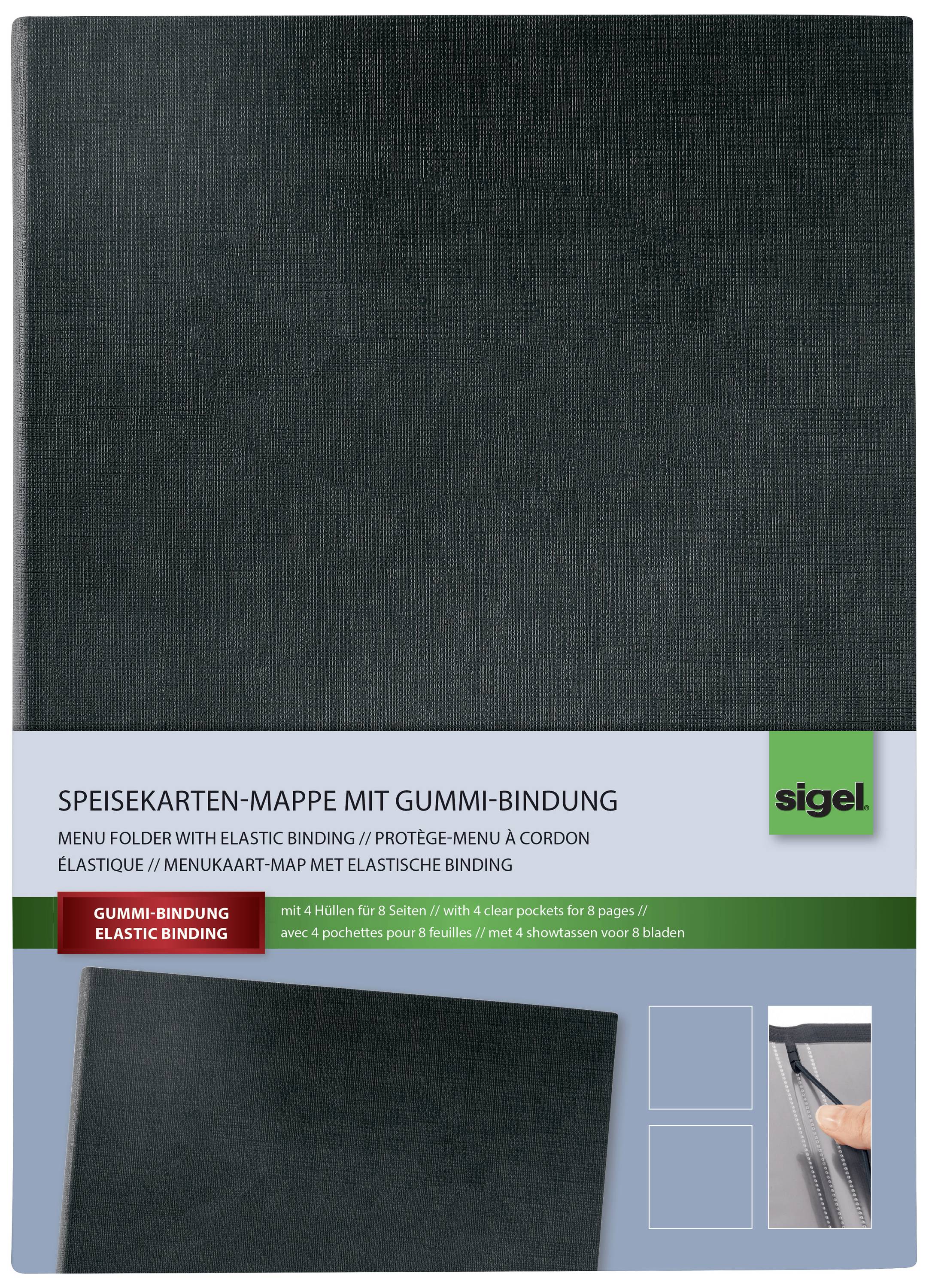 Porte-menu avec reliure élastique, couverture noire, adapté pour 8 pages. L'emballage présente des images du produit et ses caractéristiques.